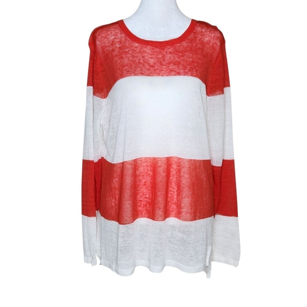 Tyler Böe Linen Blend Red White Block Stripe Long Sleeve Top Women's XL Nautical
